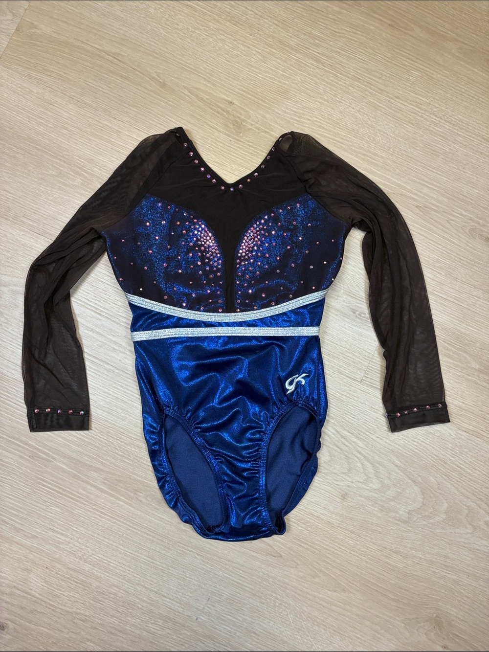 GK Blue and Black Sparkle Long-Sleeve Gymnastics Leotard Adult Small